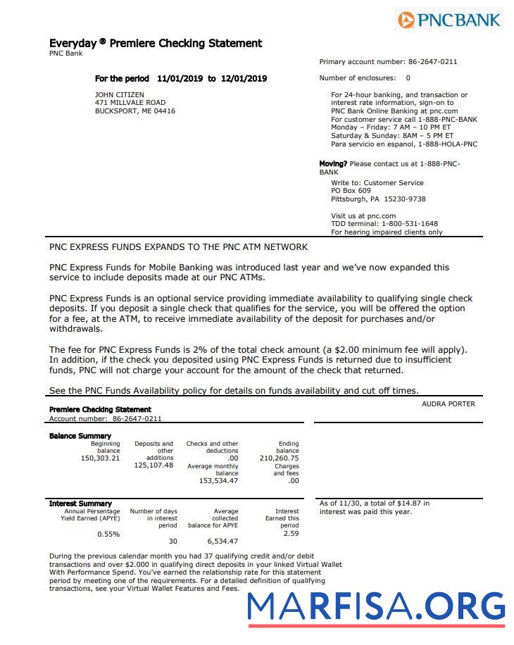 Downloadable USA PNC bank proof of address statement word example